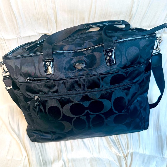 COACH MONOGRAM SIGNATURE NYLON BLACK LARGE TOTE BAG - Picture 2 of 16